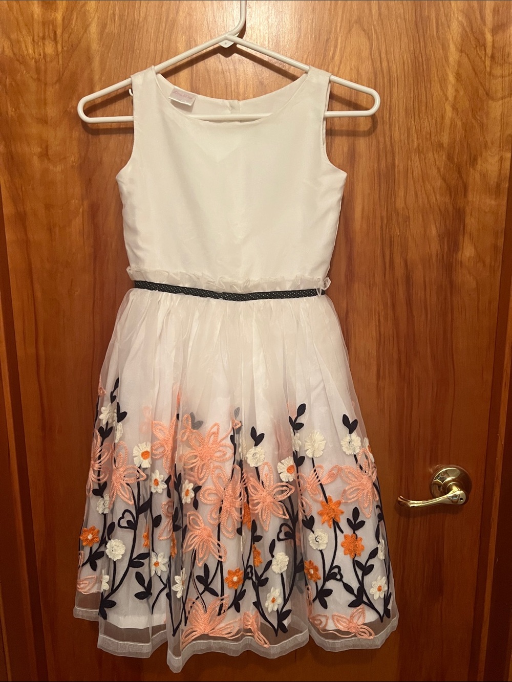 Little Miss White Dress with Peach and Navy Floral Embroidery